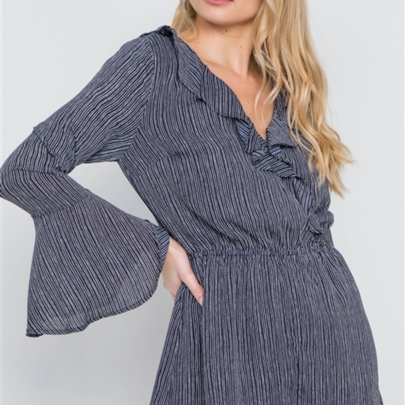 ♥️ Striped Navy Bell Long Sleeve Ruffled Romper - Picture 2 of 8
